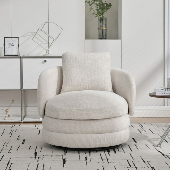 CQSXDA Round 30 Inch Swivel Barrel Accent Chair with Pillow, Chenille Upholstered Comfy Club Sofa for Living Room