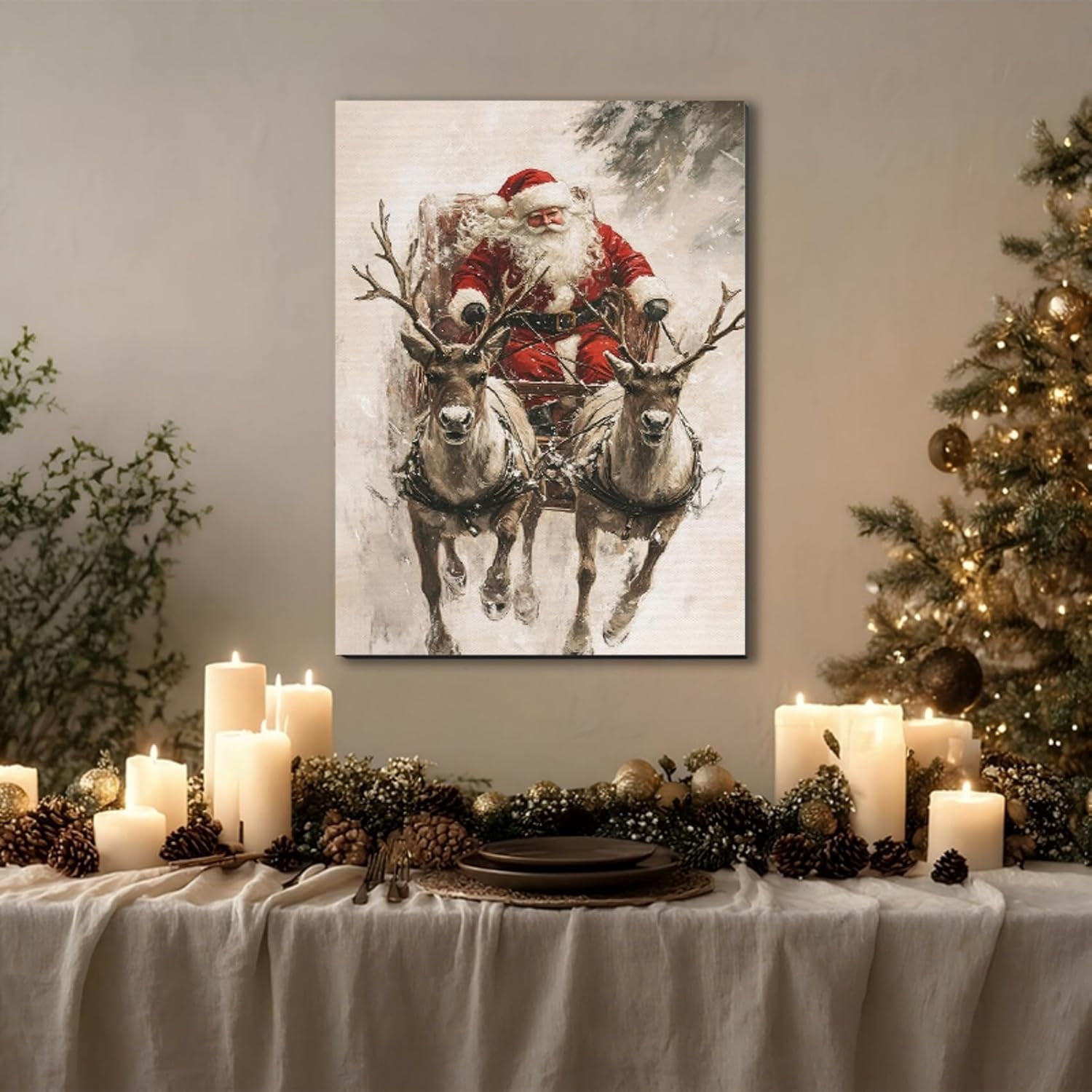 Vintage Santa in Sleigh with Reindeer Canvas Art, Framed Classic Christmas Wall Art for Holiday Decor, Cozy Winter Snow Scene Nature Wall Decor for Living Room Kitchen Office