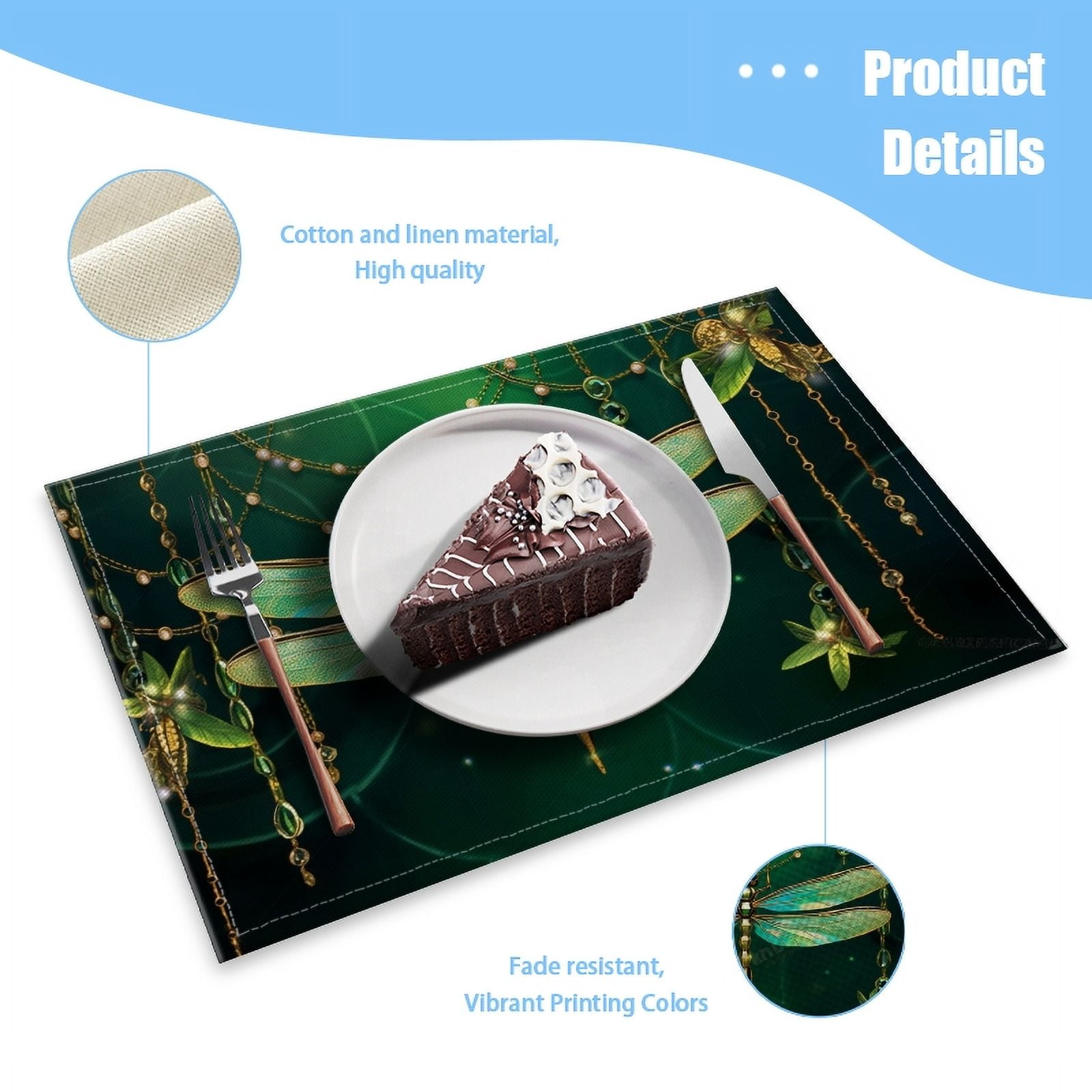 BaHomeck placemats Set of 4 Dragonfly Made Of Green And Gold With Gemstones Hanging Cotton Linen rectangle Placemats for Kitchen Dining Table Indoor,Outdoor,18*12inch