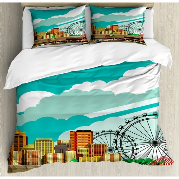 Ferris Wheel Duvet Cover Set Queen Size, Panaroma of Downtown with Skyscrapers Highway Metro Line and Amusement Park, Decorative 3 Piece Bedding Set with 2 Pillow Shams, Multicolor, by Ambesonne