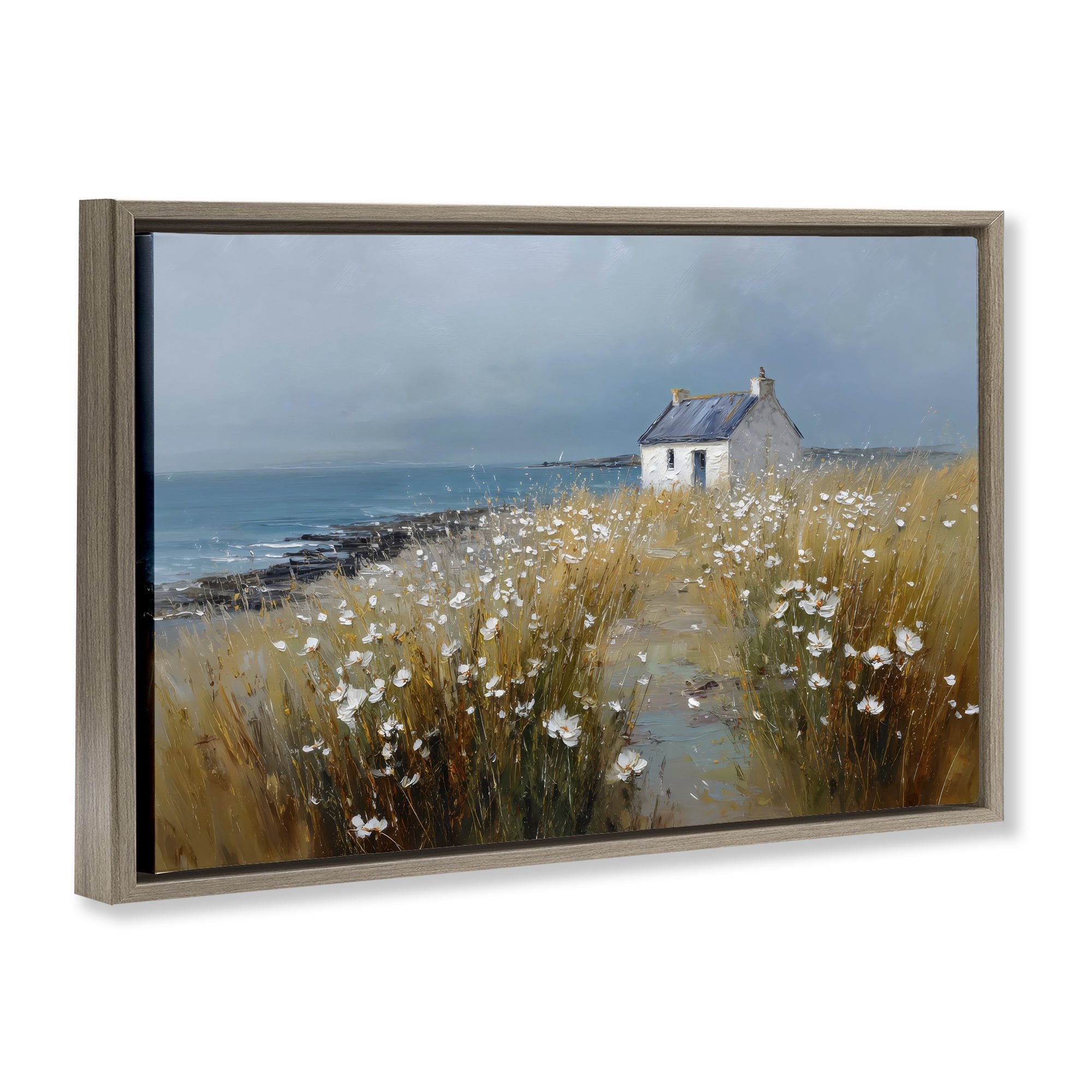 Stupell Industries Oceanfront Cottage Wildflowers Brown Framed Floater Canvas Wall Art, design by Petal Prints Design
