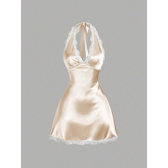 Champagne Halter Neck Lace Trim Satin A-Line Mini Dress For Women