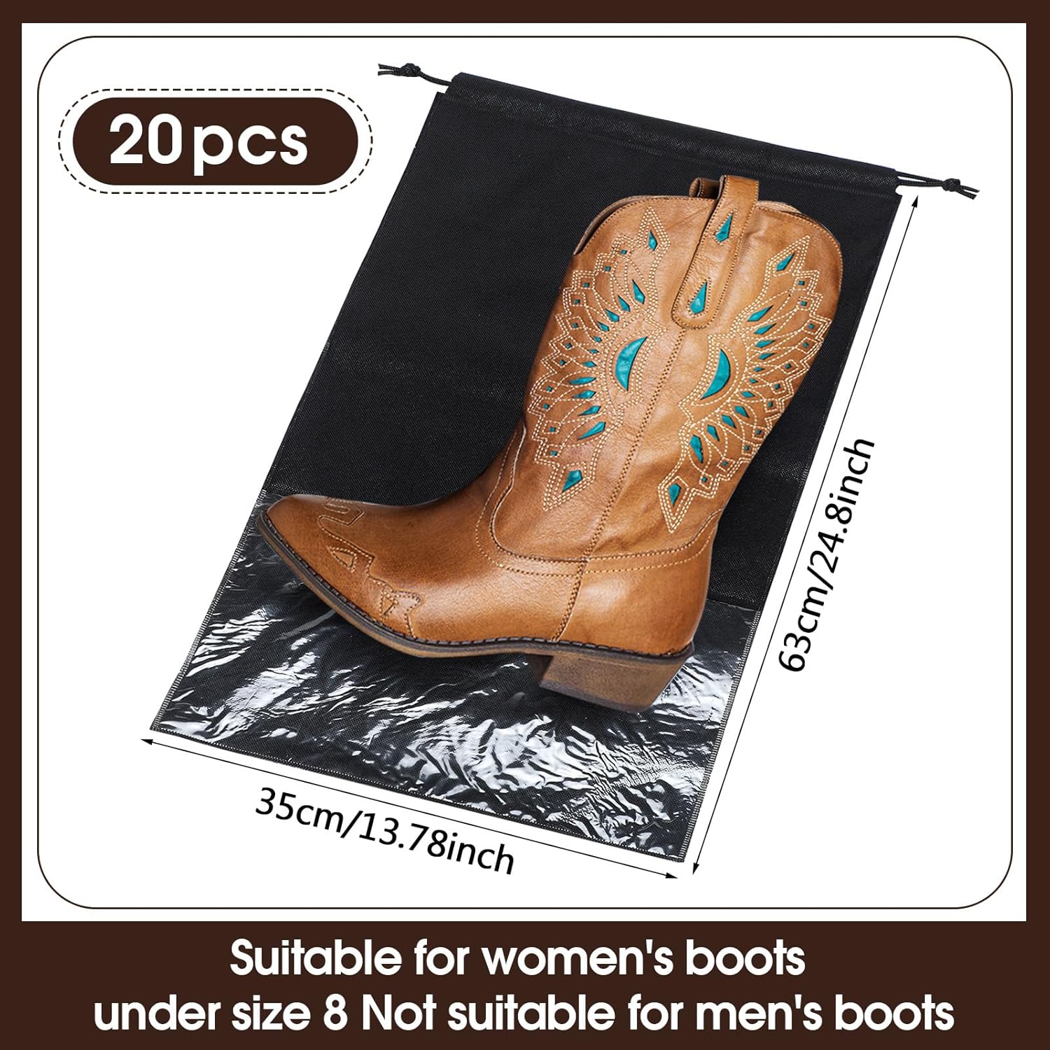 20 Pcs Tall Boot Bags for Travel Large Shoe Protector Cover with Visible Window for Packing Boot Non Woven with Rope for Storage Pouch Black Portable Shoe Organizers for Men and Women