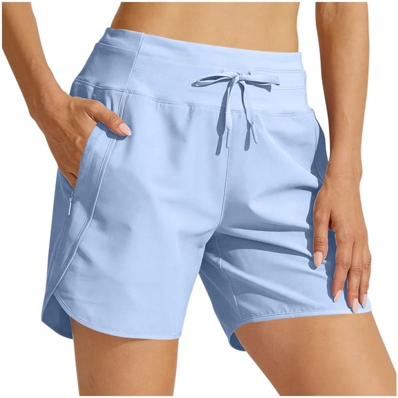 Womens Workout Shorts with Zipper Pockets 5" Inseam Lightweight Breathable Athletic Casual Shorts Drawstring Elastic High Waisted Yoga Shorts Light Blue XXL