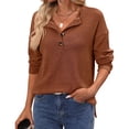 thumbnail image 3 of Women'S Henley Shirts Long Sleeve V Neck Ribbed Button Down Knit Sweater Fitted Tops Caramel Color L, 3 of 9