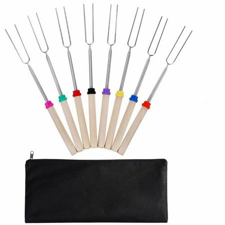 Track Fork Kit - Roasting Sticks-Set of 8 Pcs Safe for Kids 11-31 Inches Telescoping Hot Dog Smores Forks, Camping, Campfire, Bonfire & Outdoor Cookware Kit