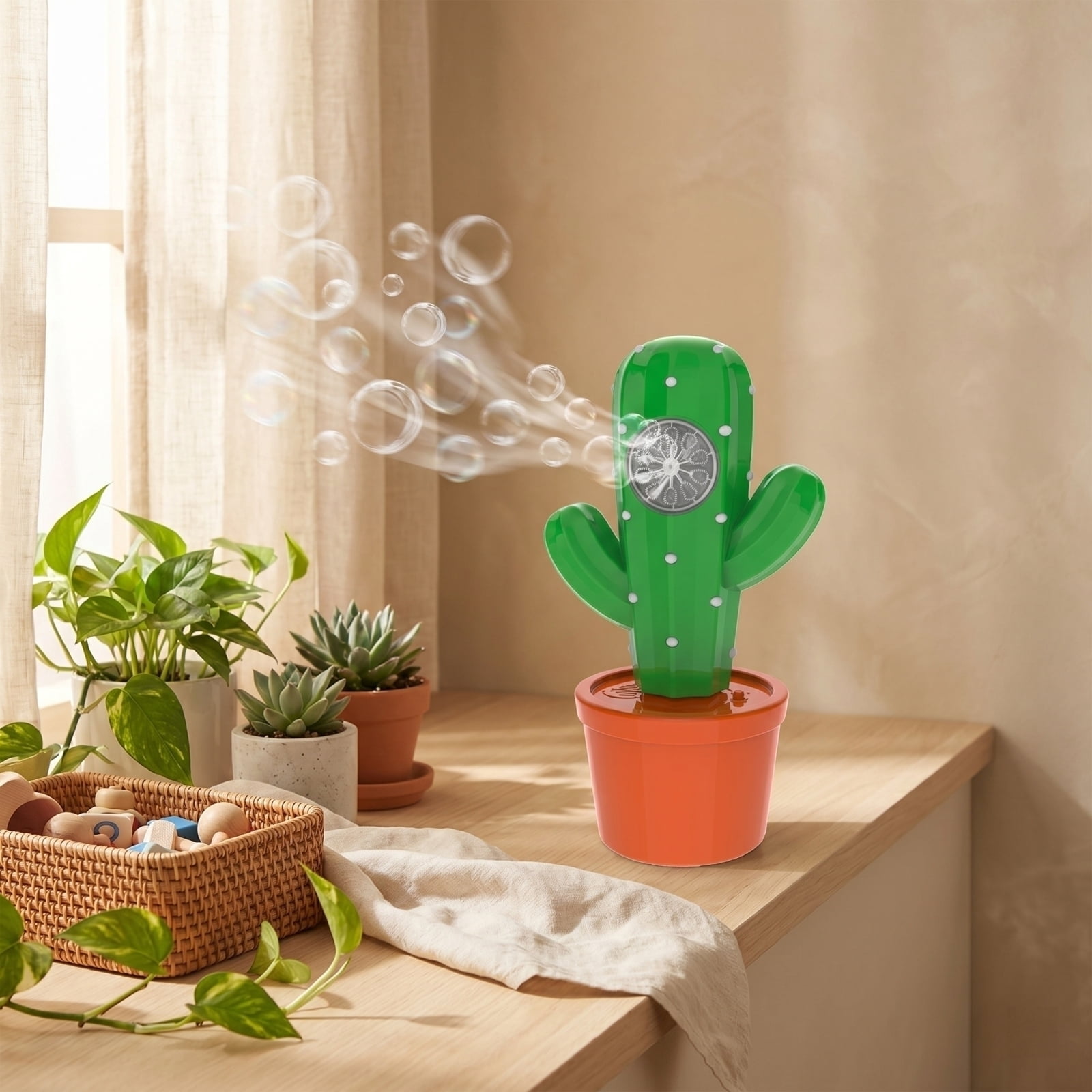Electric Cactus Bubble Machine with Sound Effects, Multi-Hole Automatic Bubble Blower for Outdoor Fun and Party Atmosphere, White