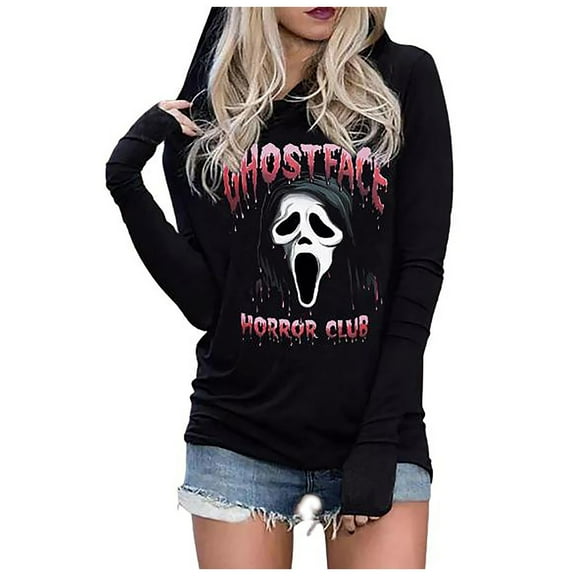 Women Halloween Hoodies Funny Ghost Face Graphic Long Sleeve Sweatshirts Lightweight Spooky Season Trendy Comfy Tunics Black 1 L