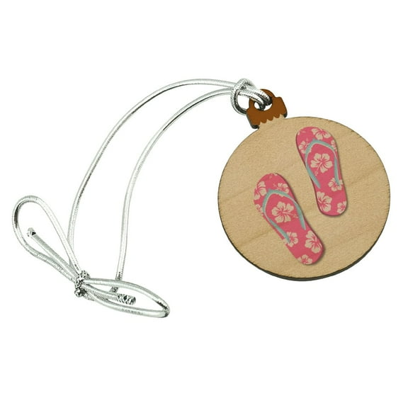 Pink Flip Flops on Sand with Hibiscus Flowers Sandals Beach Mini Small Tiny Wood Christmas Tree Holiday Ornament