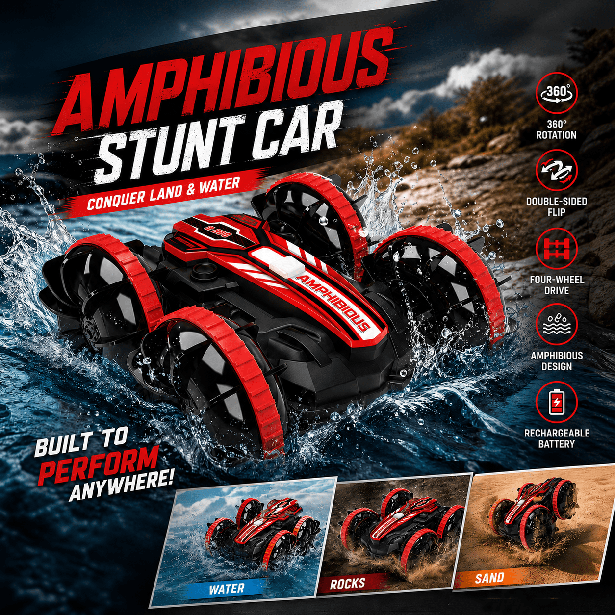 VILINICE 1:16 RC Car Toy for Kids, Amphibious Remote Control Car with 360° Flip Rotation, 4WD All-Terrain, Double-Sided Driving, Waterproof RC Truck Toy Car Gift for Boys Girls