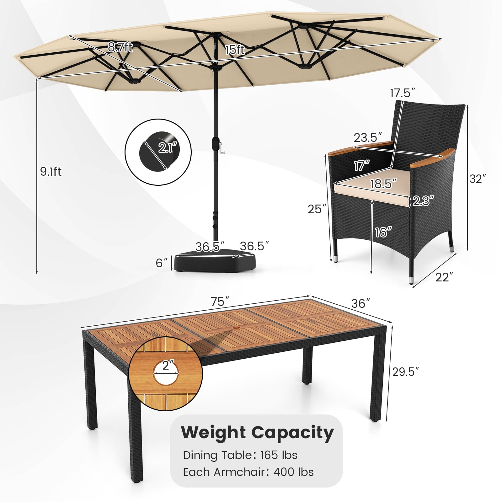 Costway 11 PCS Patio Wicker Dining Set with Double-Sided Outdoor Umbrella 8 Stackable Chairs