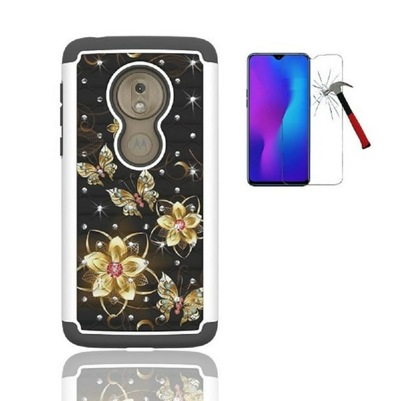 Phone Case for Straight Talk Moto g7 Optimo/ Motorola Moto G7 Play, Studded Rhinestone Crystal Bling Dual Layer Shockproof Cover Case (Black-Gold Butterfly   Tempered Glass)