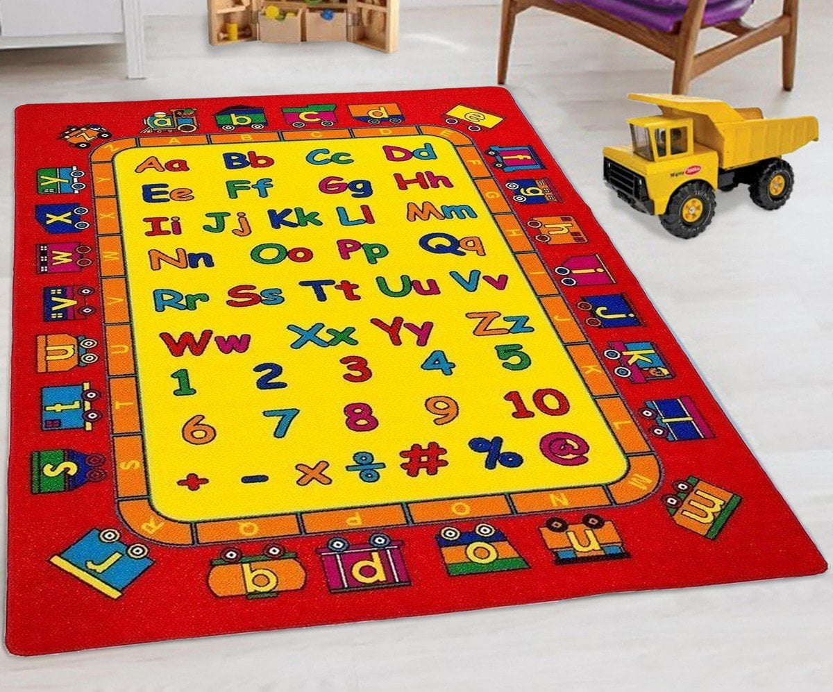 8x8 Round Rug Educational  Rug ABC Numbers & Letters Fun Train  Kids School Time 