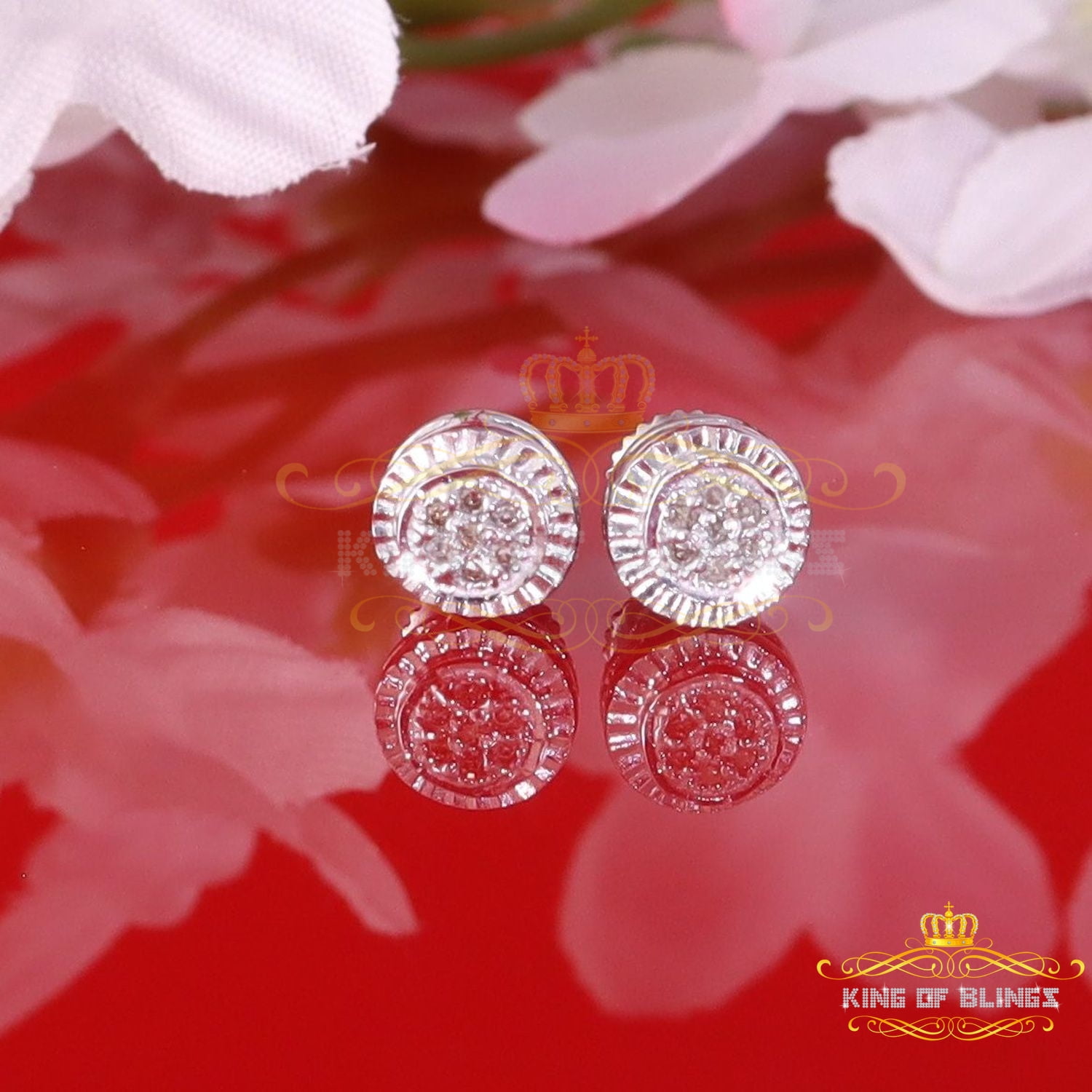 King of Bling's 925 Sterling Silver 0.05ct Diamond White Stud For Women's Style Round Earrings