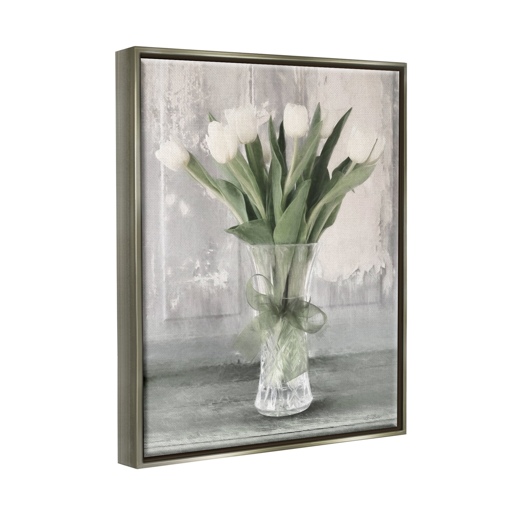 Stupell Farmhouse Distressed White Tulips Botanical & Floral Painting Gray Floater Framed Art Print Wall Art