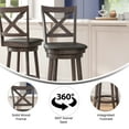 thumbnail image 6 of Merrick Lane 30" Gray Wash Walnut Classic Wooden Crossback Swivel Bar Height Pub Stool with Black Faux Leather Padded Seat and Integrated Footrest, 6 of 12