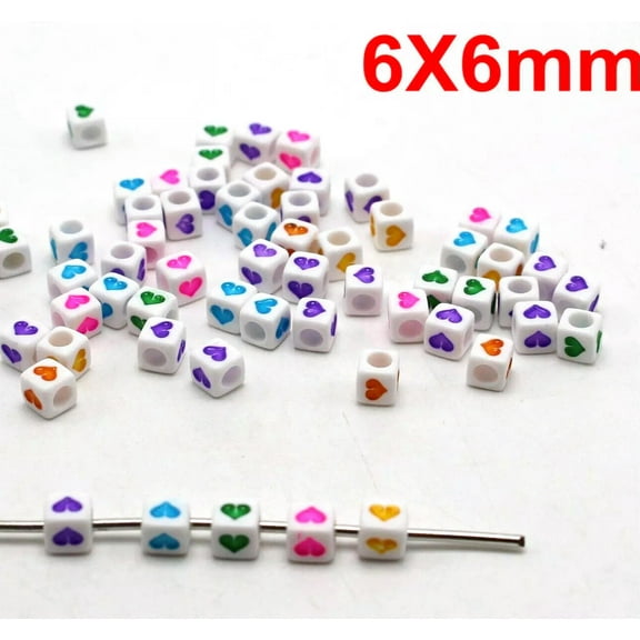 U8MO 250 White with Colorful Love Heart Acrylic Cube Pony Beads 6X6mm Jewelry Making