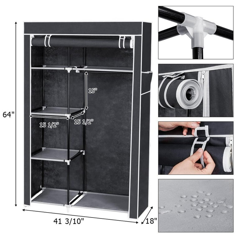 Ktaxon Portable Closet Storage Organizer Clothes Wardrobe Shoe Rack with Cover Shelves Gray