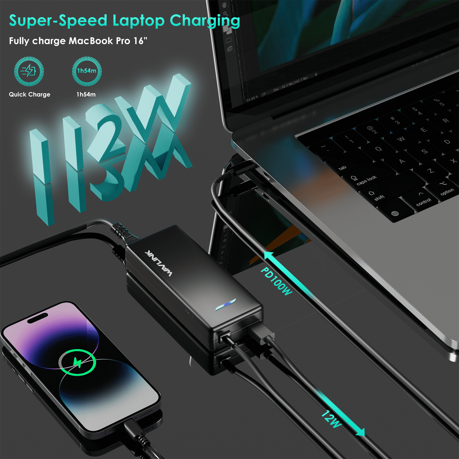 WAVLINK C112W Universal Laptop Charger with USB-C and USB-A Ports, 112W