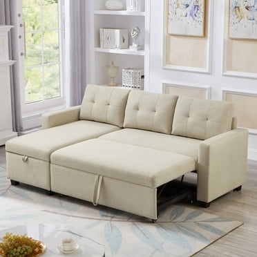 4-in-1 Convertible L Shaped Sleeper Sofa with Pull Out Bed and Storage Chaise, Linen Sectional Corner Couch with Removable Back Cushions for Living Room, Apartment, Bedroom,Office,Beige