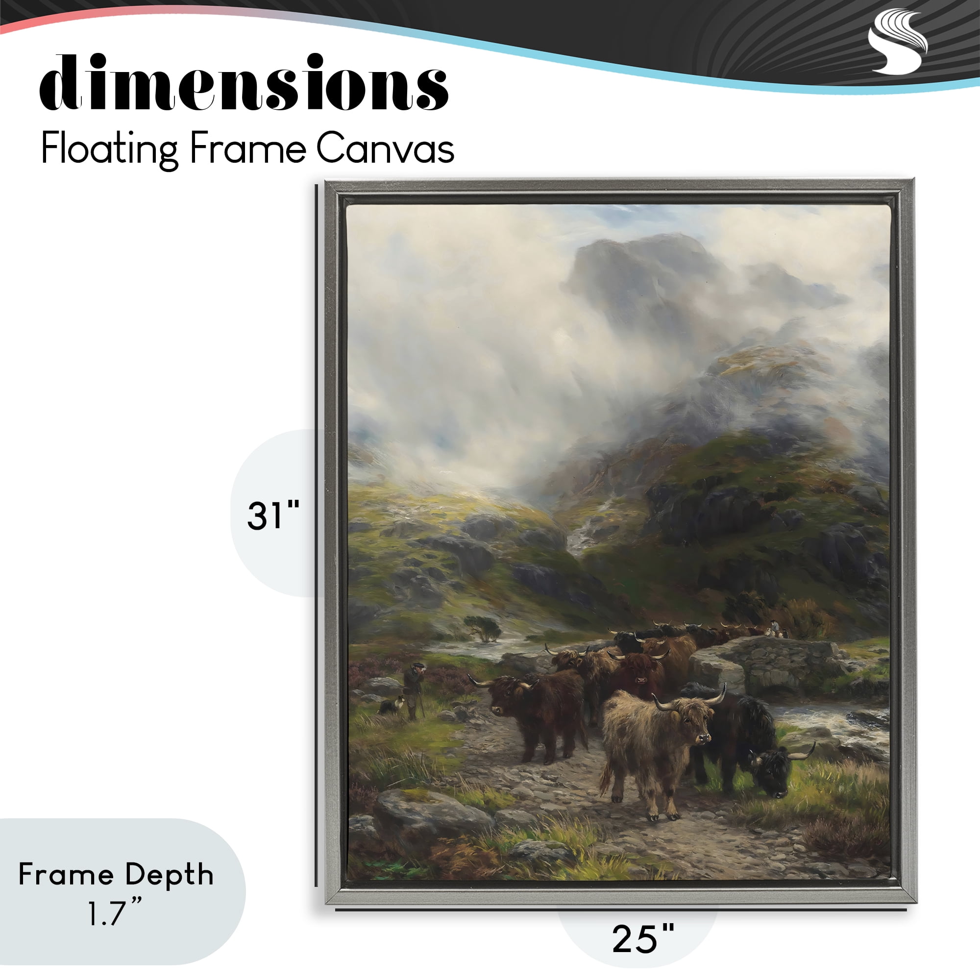 Stupell Industries Moody Highland Cows Herd Gray Framed Floater Canvas Wall Art, design by Arlington Prints