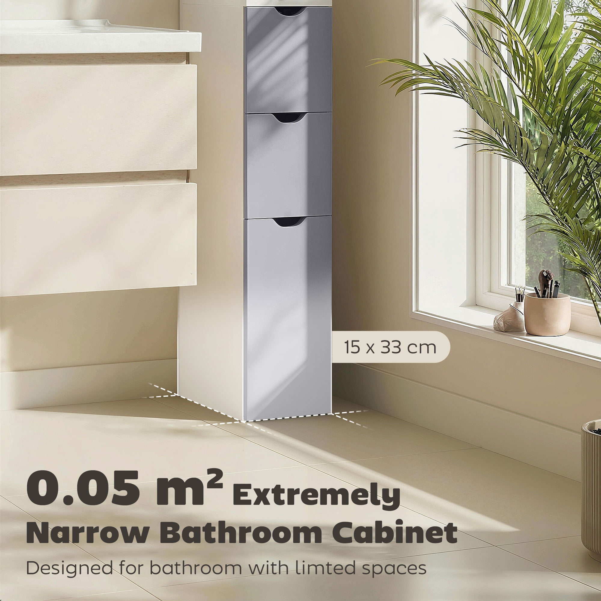 HOQBN 54" Tall Bathroom Storage Cabinet, Linen Tower with Shelf and Drawers, Narrow Side Floor Organizer, Grey and White