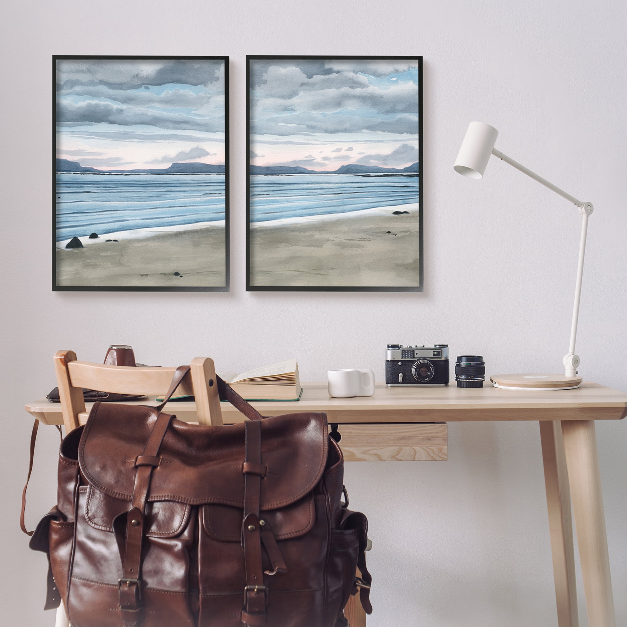 Stupell Cloudy Summer Beach Shore Watercolor Landscape Painting Black Framed Art Print Wall Art, Set of 2