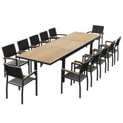 Heck 13 Pieces Aluminum Outdoor Dining Set for 12 Person, FSC Teak Patio Extendable Tabletop and Stackable Chairs, Charcoal Black