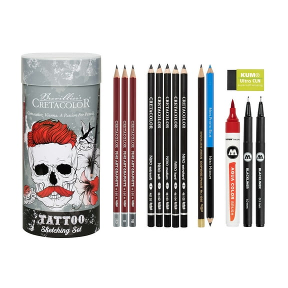 Cretacolor Tattoo Sketching Set, Cylinder Tin Can 14 Piece