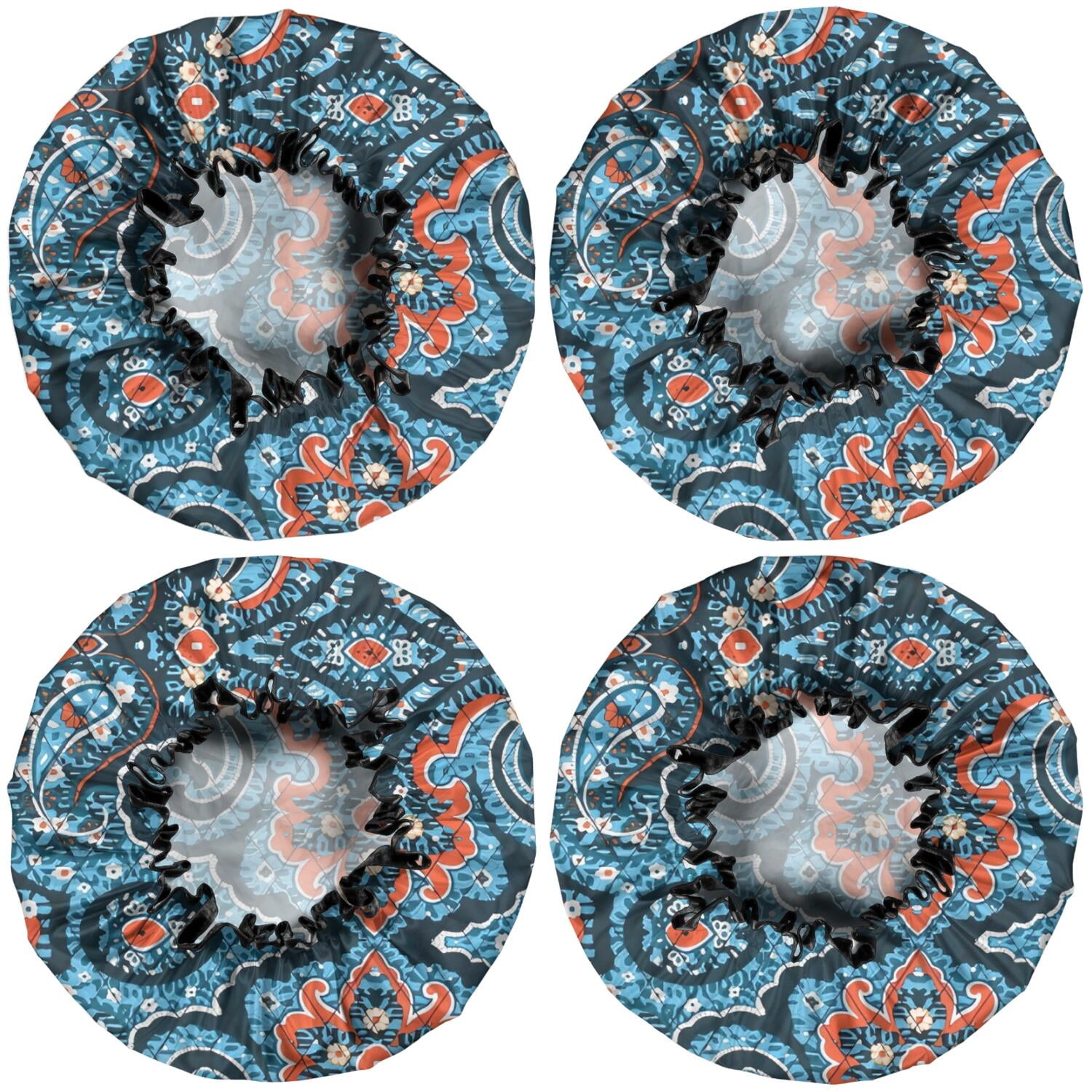 Shower Caps,Blue Ethnic Paisley Pattern Waterproof Shower Cap for Women 4 Pieces,Double Reusable Hair Cover for Shower PEVA Elastic Stretch Hem