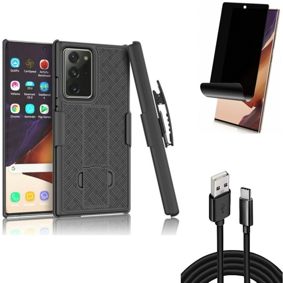 Privacy Screen Protector & Case Belt Clip & 10ft USB Cable for Samsung Galaxy Note 20 Ultra (6.9") - Combo with TPU Film Anti-Peep & Holster Swivel & Type-C Charger Cord