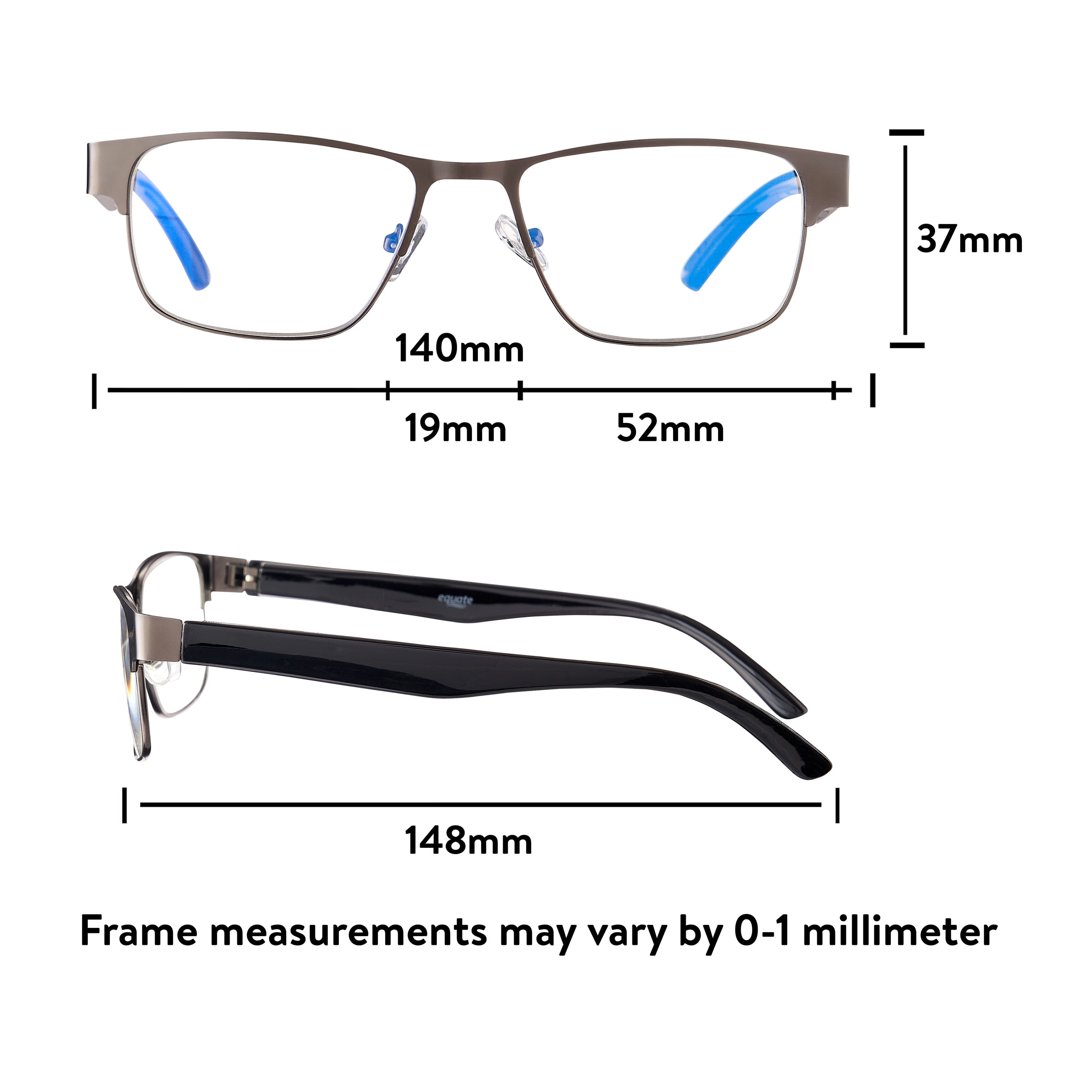 Equate Arden Bluelight Unisex Rectangular Reading Glasses with Case, Crystal Grey, +1.25