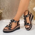 thumbnail image 2 of Rokment Women's Sparkly Butterfly Platform Wedge Dress Sandals Delicated Glitter Pearl Open Toe Elastic Ankle Strap Chunky High Heels Dressy Summer Shoes for Bride Wedding Beach Black Size 6, 2 of 5