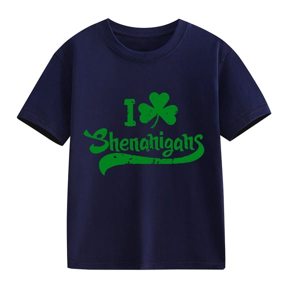 XIMIN Kids' St. Patrick's Day Soft Short-Sleeve Crew Neck T-Shirt - Distressed Green "I Love Shenanigans" Graphic, Festive Irish Top for Boys & Girls