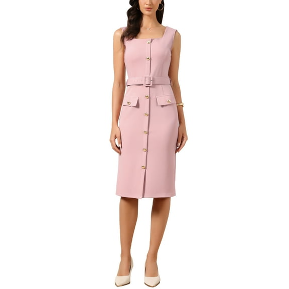 Work Dress for Women's Sleeveless Square Neck Formal Belted Bodycon Midi Dress XS Pink
