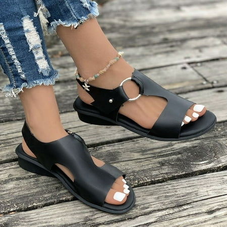 

YOUSNH Ladies Casual Solid Colour Soft Bottom Breathable Open Toe Beach Large Size Slope Heel sandals for Women Black 7(38)
