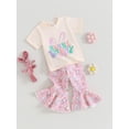 thumbnail image 3 of Suealasg Kids Girl Easter Clothes 2Pcs Toddler Baby Girl Summer Outfit Short Sleeve Crew Neck Letters Print Tops +Bunny Print Elastic Flare Pants, 3 of 9