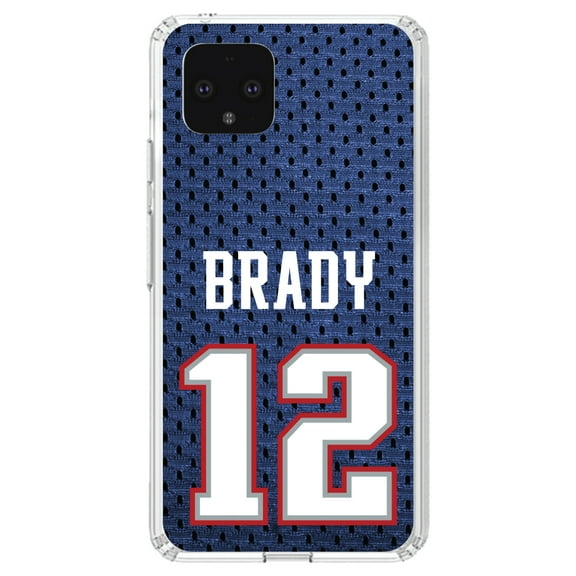 DistinctInk Clear Shockproof Hybrid Case for Google Pixel 4 (5.7" Screen) - TPU Bumper, Acrylic Back, Tempered Glass Screen Protector - Brady 12 Jersey - Football Team