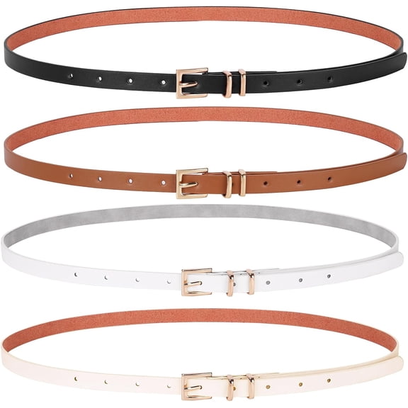 4 Pack Women Skinny Leather Belt Thin Waist Belt with Gold Buckle for Jeans Pants Dress