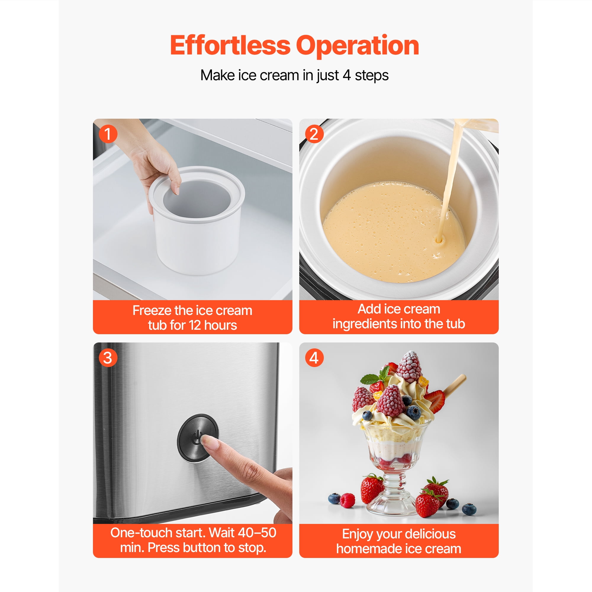 KFFKFF Electric Ice Cream Maker, 2.11 Qt. Capacity, Automatic Frozen Dessert Machine, Easy to Operate and Clean, Durable Stainless Steel Design, Ideal for Homemade Yogurt, Sorbet, Gelato, Silver