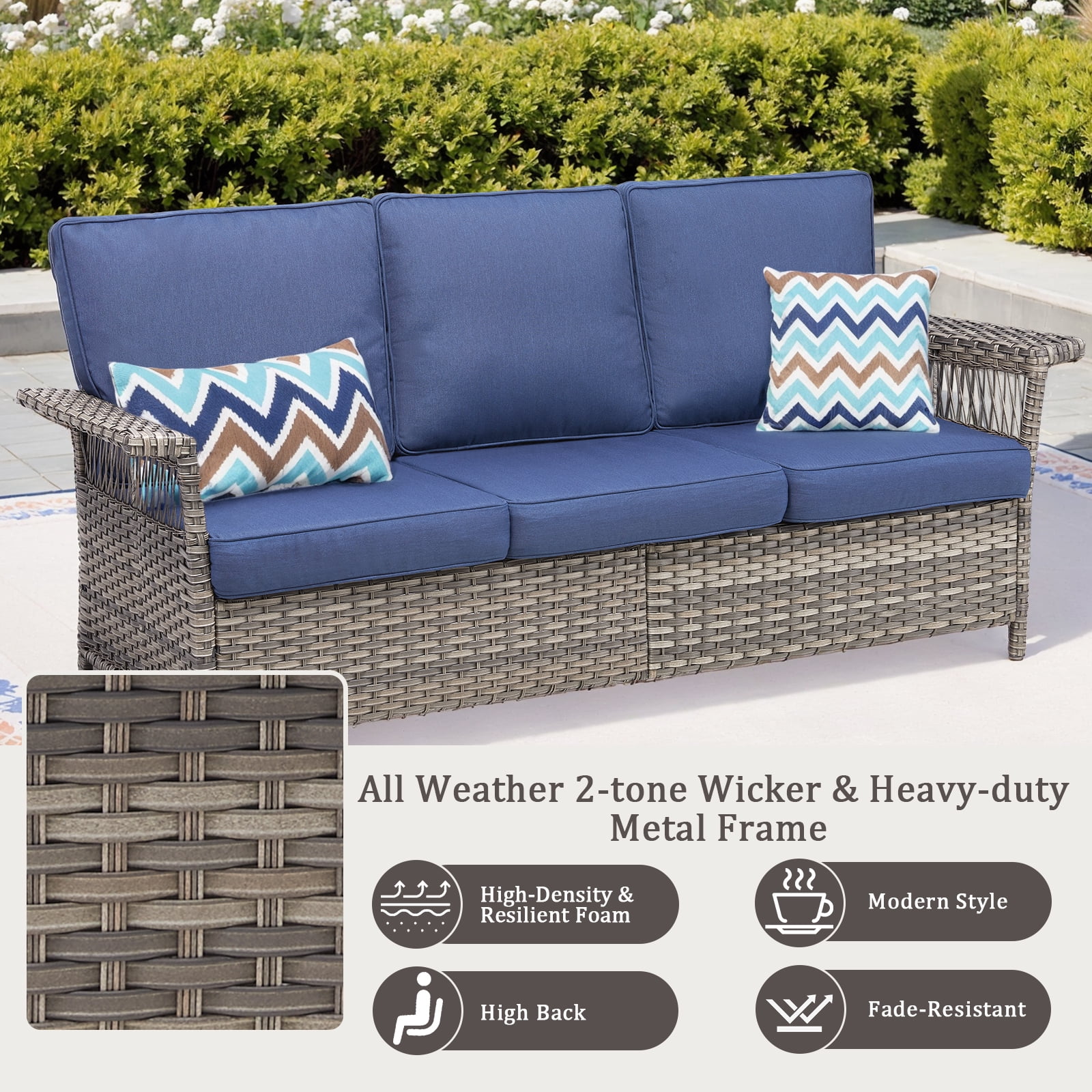 PPorfamilia 5 Piece Outdoor Patio Furniture Sets, All-Weather Rattan Conversation Sofa Sets with Rocking Swivel Chairs and Navy Cushions