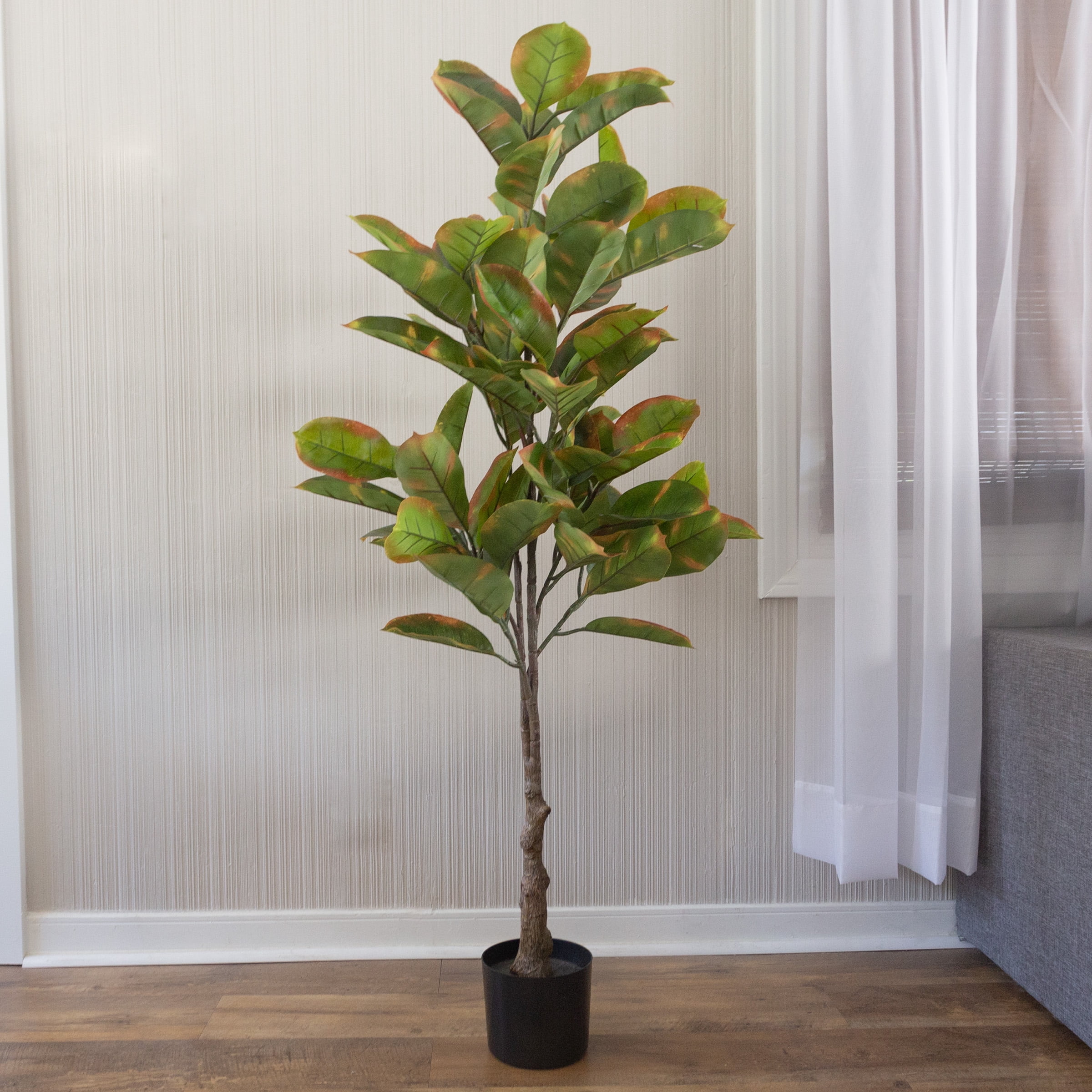 Pure Garden 51-Inch Artificial Rubber Plant - Faux Tree, Variegated