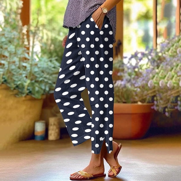 Pincandy Women's Fashion Printed Linen Blend Elastic Waist Casual Pants with Pockets, Button Decorated Split Hem, Casual & Daily Wear