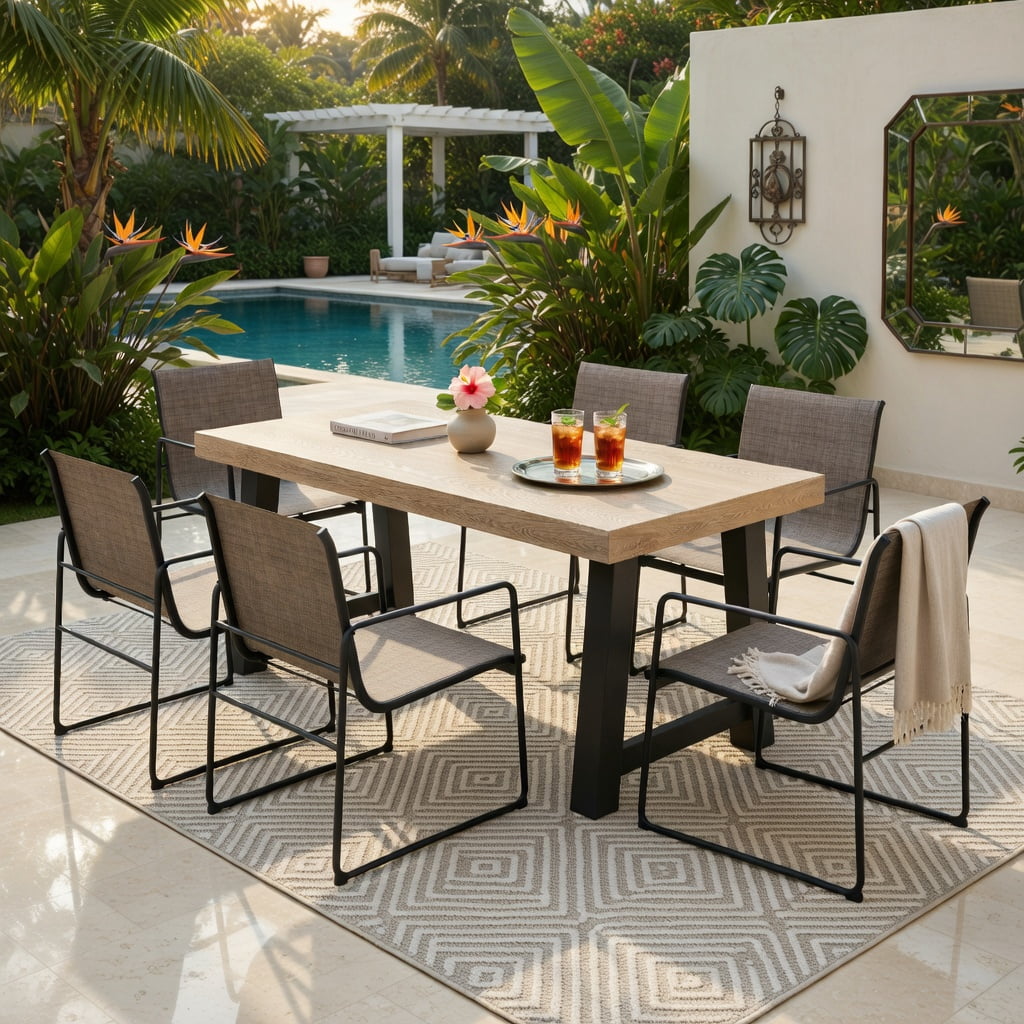 Hommoo 4-Piece Outdoor Dining Chair Set, Breathable Fabric Patio Chairs with Powder-Coated Steel Frame, Brown+Black