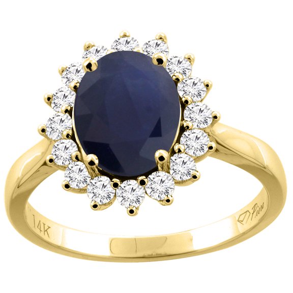 14K Yellow Gold Natural Blue Sapphire Ring Oval 9x7 mm Diamond Accents, size 5