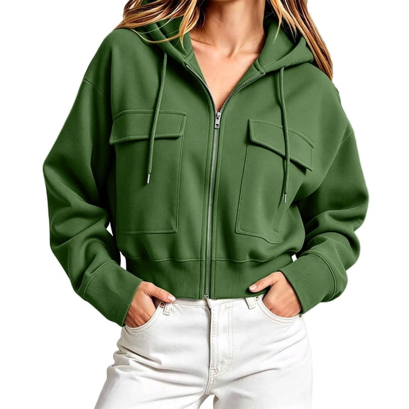 Wensltd Women Coat Solid Color Full Zip Up Hooded Jacket Long Sleeve Cargo Pockets Cropped Casual Sweatshirt