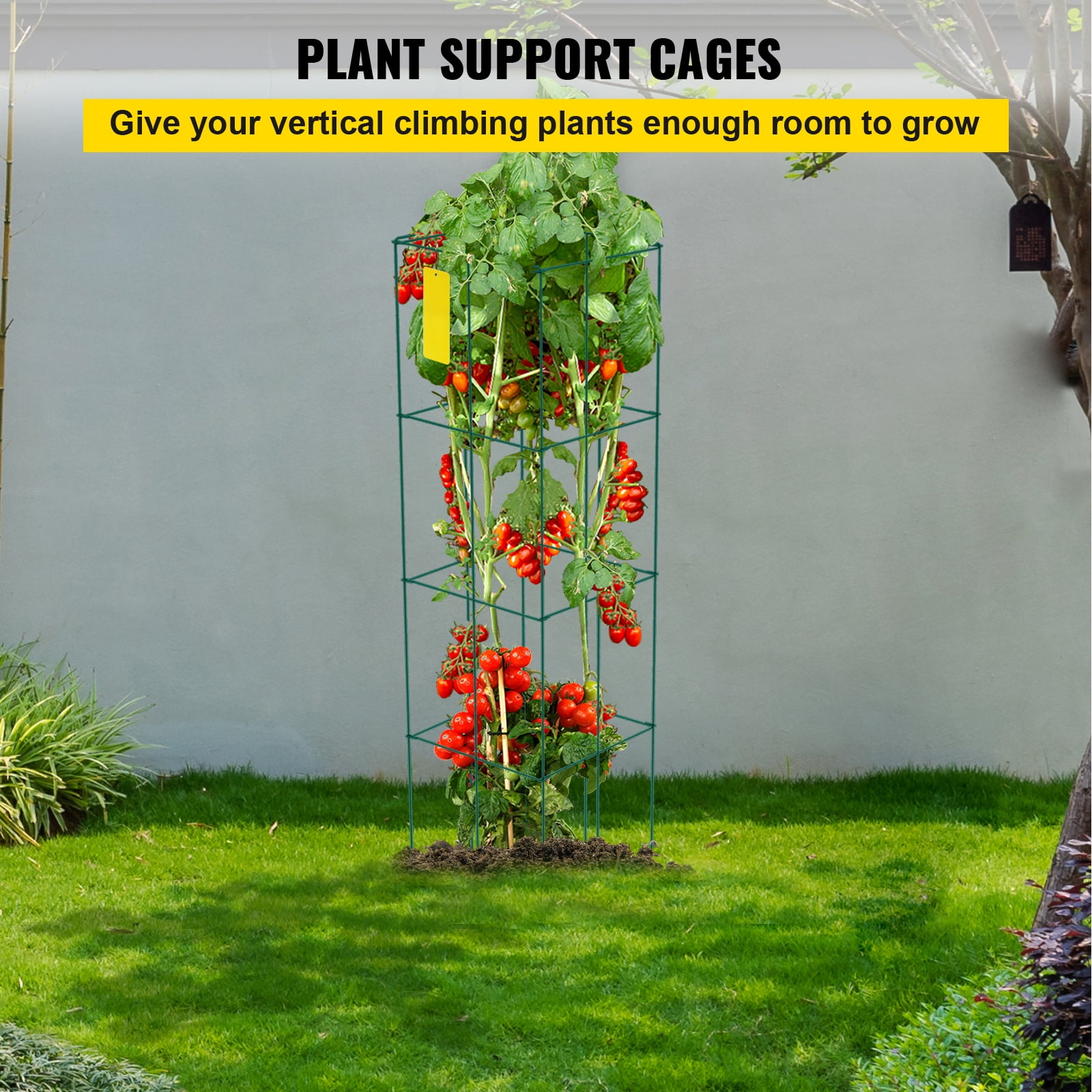 KFFKFF Tomato Cages, 11.8" x 11.8" x 46.1", 10 Packs Square Plant Support Cages, Silver PVC-coated Steel Tomato Towers for Climbing Vegetables, Plants, Flowers, Fruits