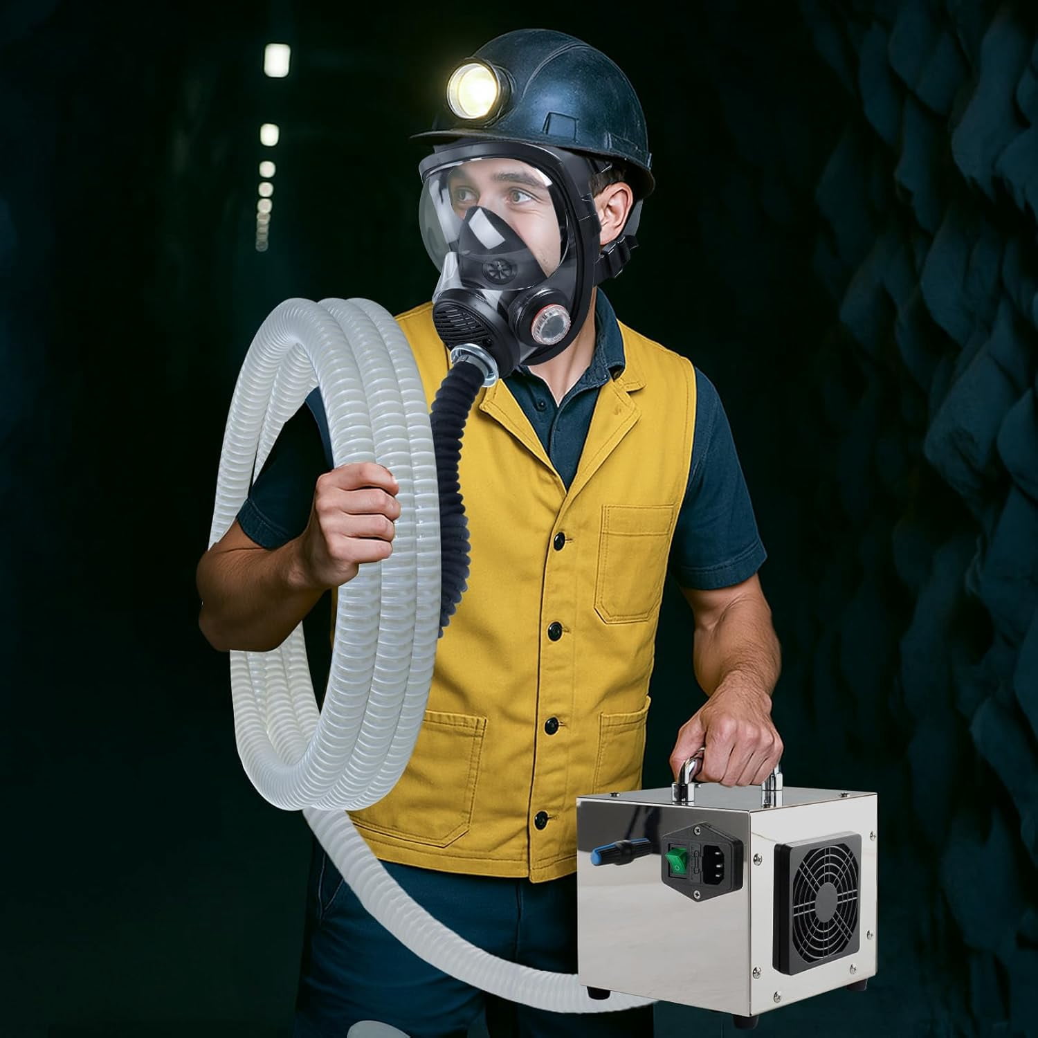 Portable PAPR Respirator System - High-Efficiency Powered Air Purifying Respirators with 33ft Long Hose - Large Airflow Supplied Air Respirator for Tunnel Construction Industrial