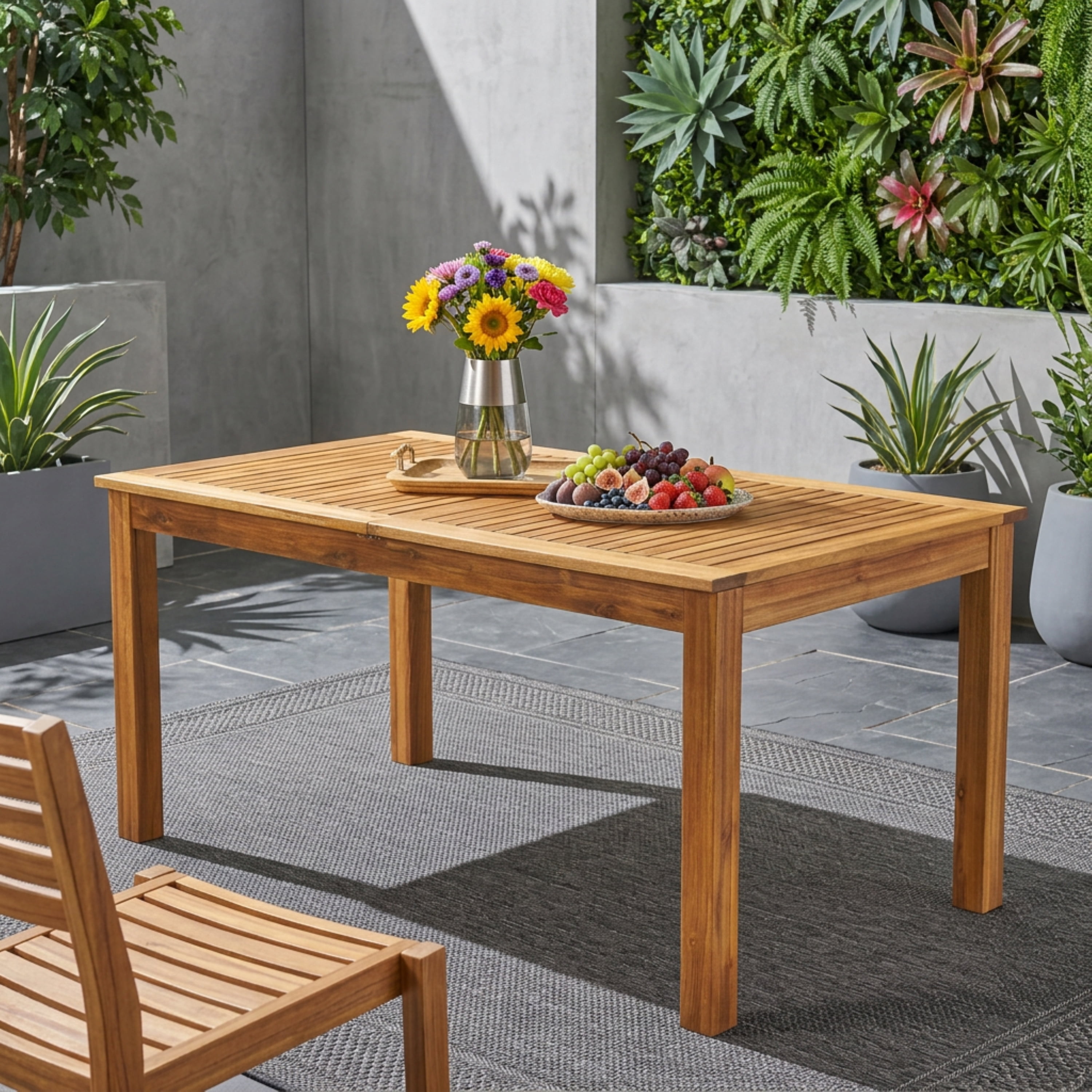 Outdoor Expandable Dining Table, Acacia Wood Frame Household Dinner Table for Patio Garden, Natural