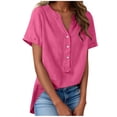 thumbnail image 2 of YHAJDS Top for Women Short Sleeve Shirt Polo Shirts for Women V Neck Solid Color Half Button Cotton Linen Tee, 2 of 5